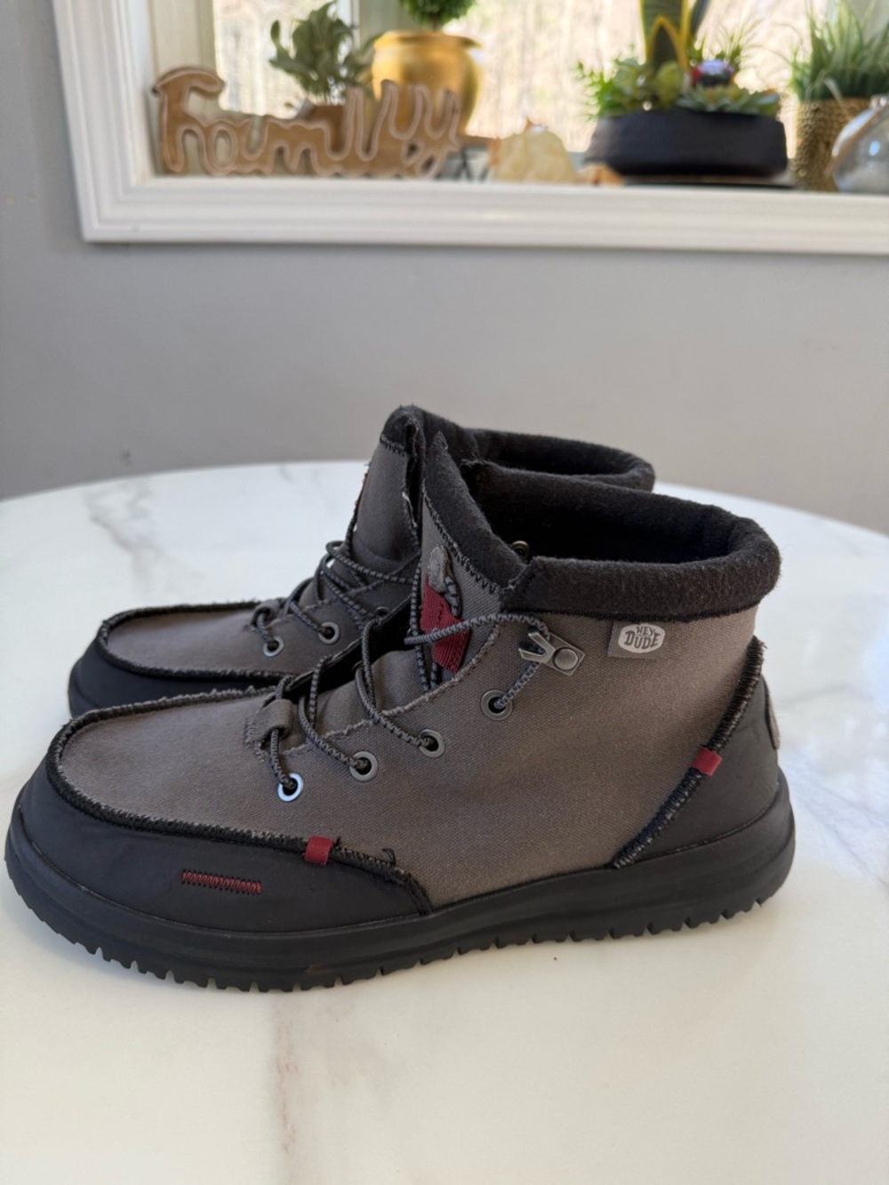 Hey Dude Men's Gray & Black Casual Ankle Boots with Red Accents size 42